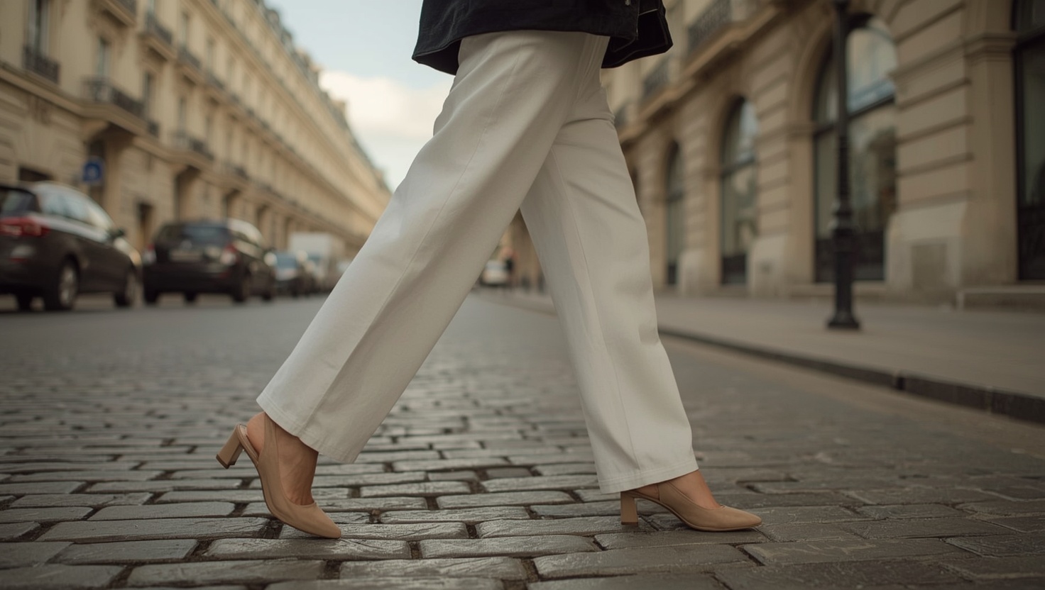 KI-generiertes Streetstyle-Foto: Frau in weißer Jeans und beigen Slingback-Heels auf einer Pariser Straße