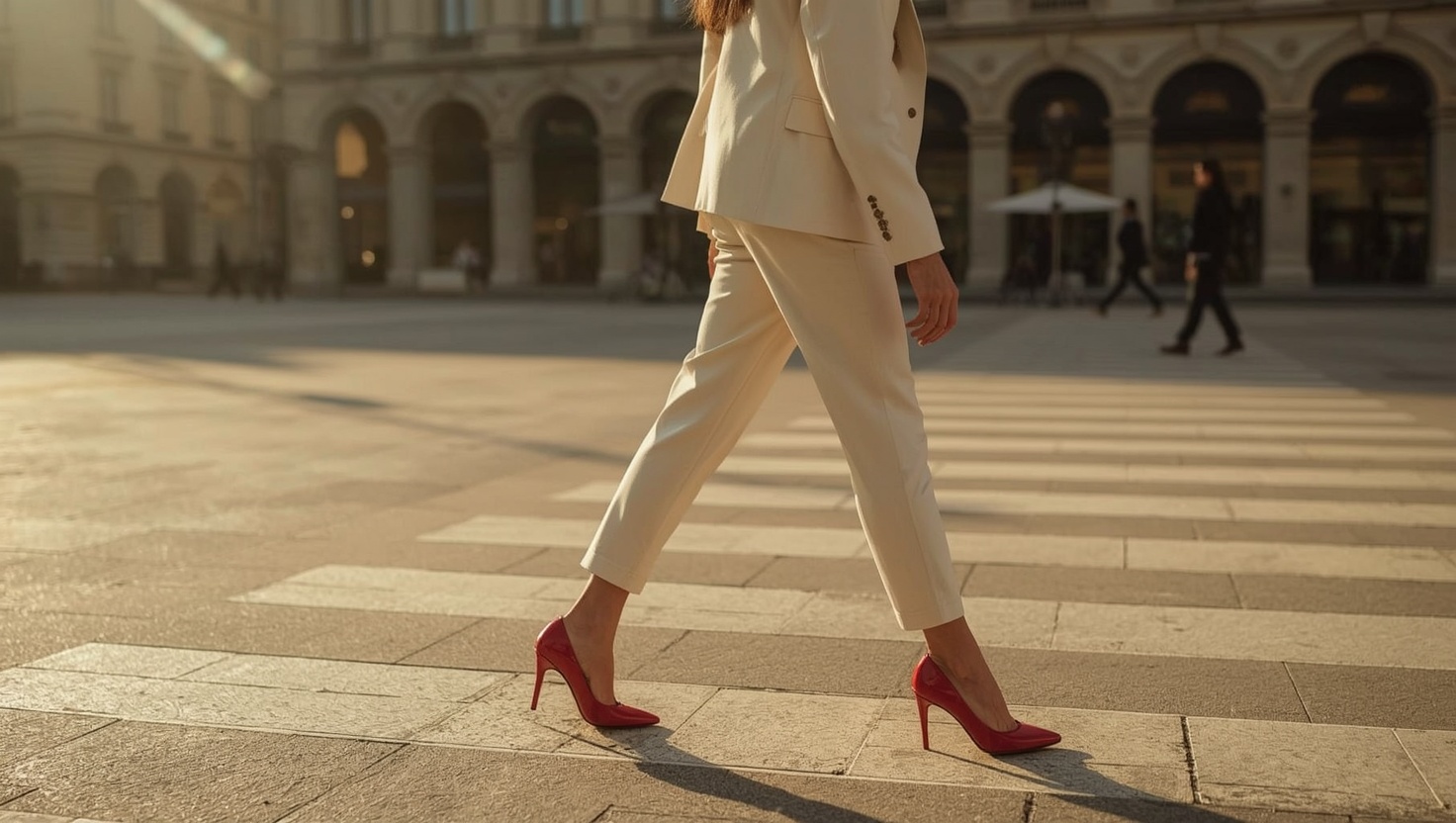KI-generiertes Bild: Frau im hellen Anzug und roten Stilettos auf einem sonnigen Stadtplatz