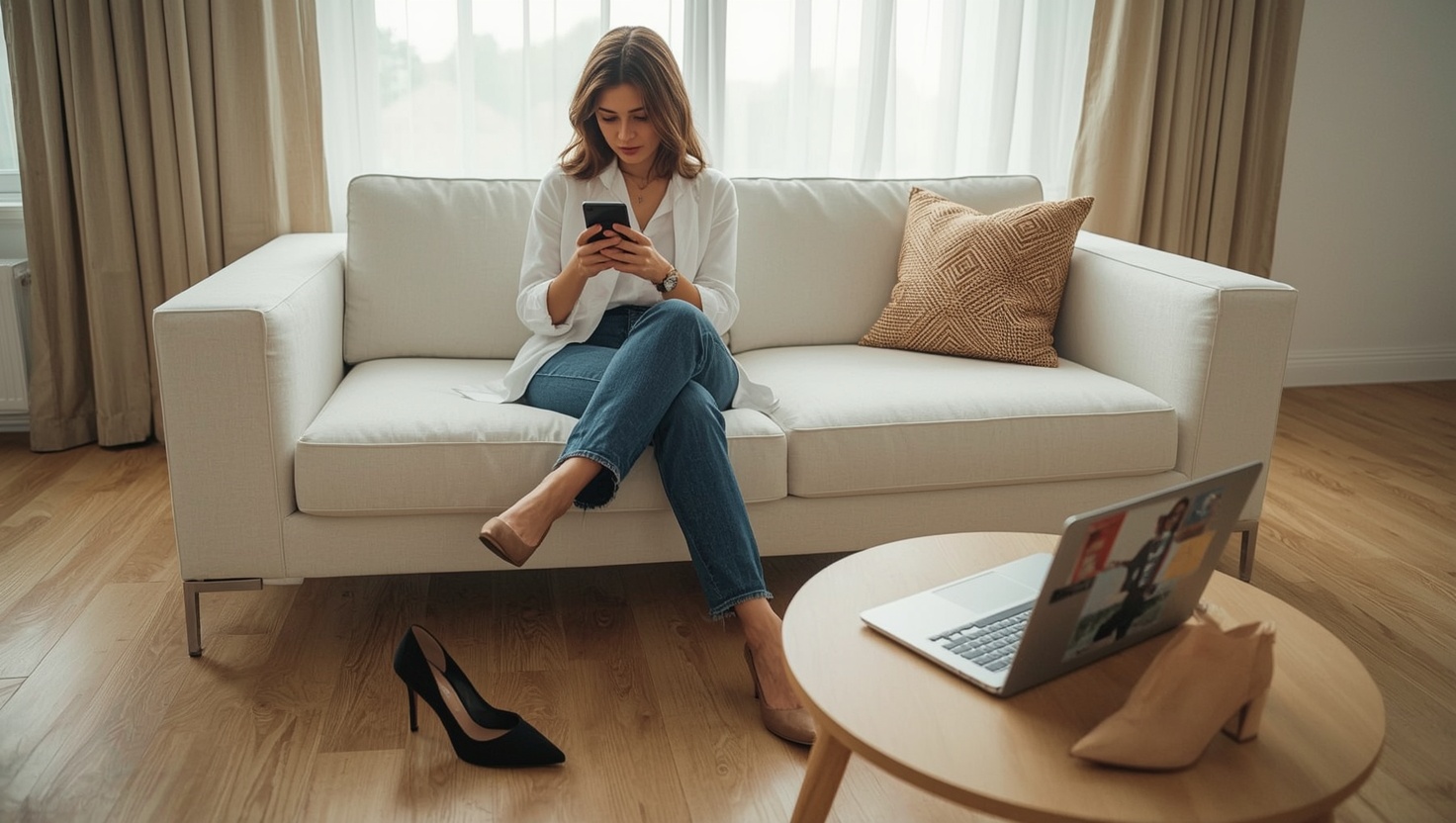 Frau scrollt auf dem Smartphone durch einen Mode-Feed, daneben stehen High Heels