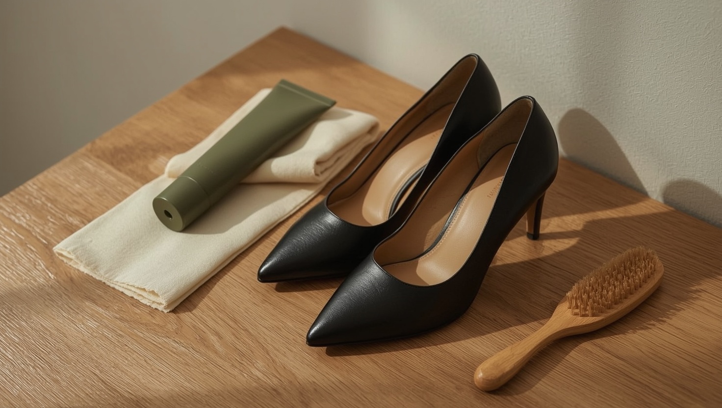 Lederpflege für High Heels: Pumps mit Pflegecreme, Tuch und Bürste
